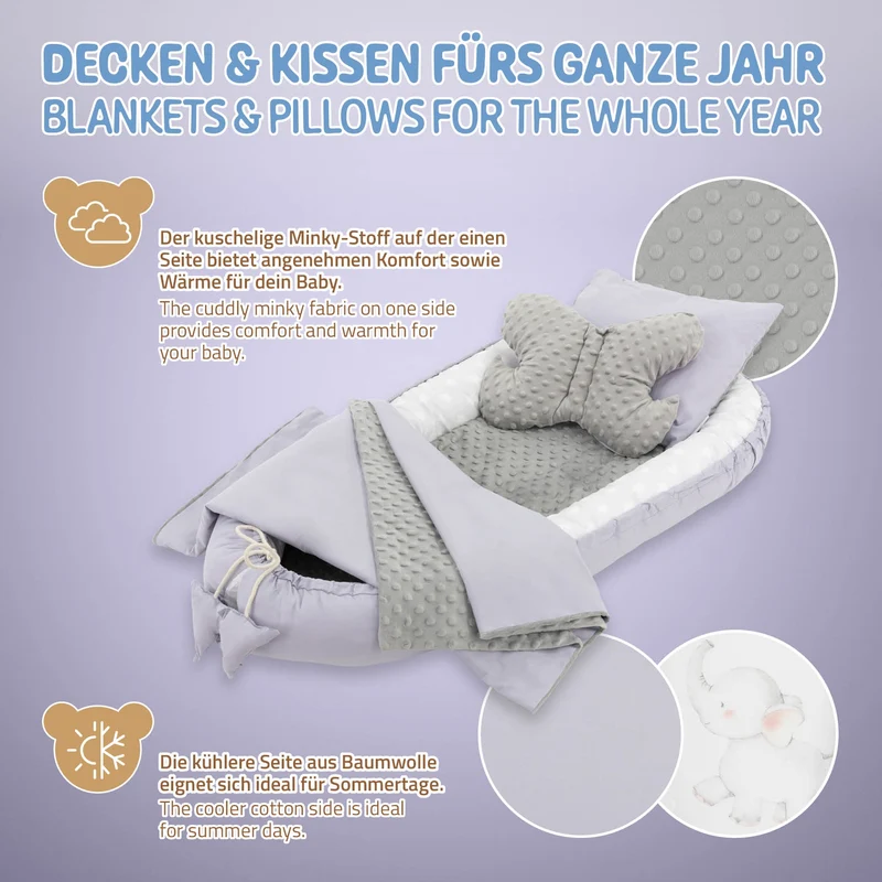 Babynest Set 5 Tlg. 90x50 cm Elefantmuster aus Baumwolle Joyz