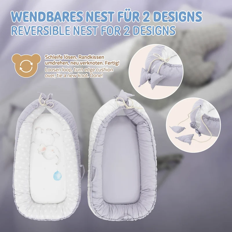 Babynest Set 5 Tlg. 90x50 cm Elefantmuster aus Baumwolle Joyz