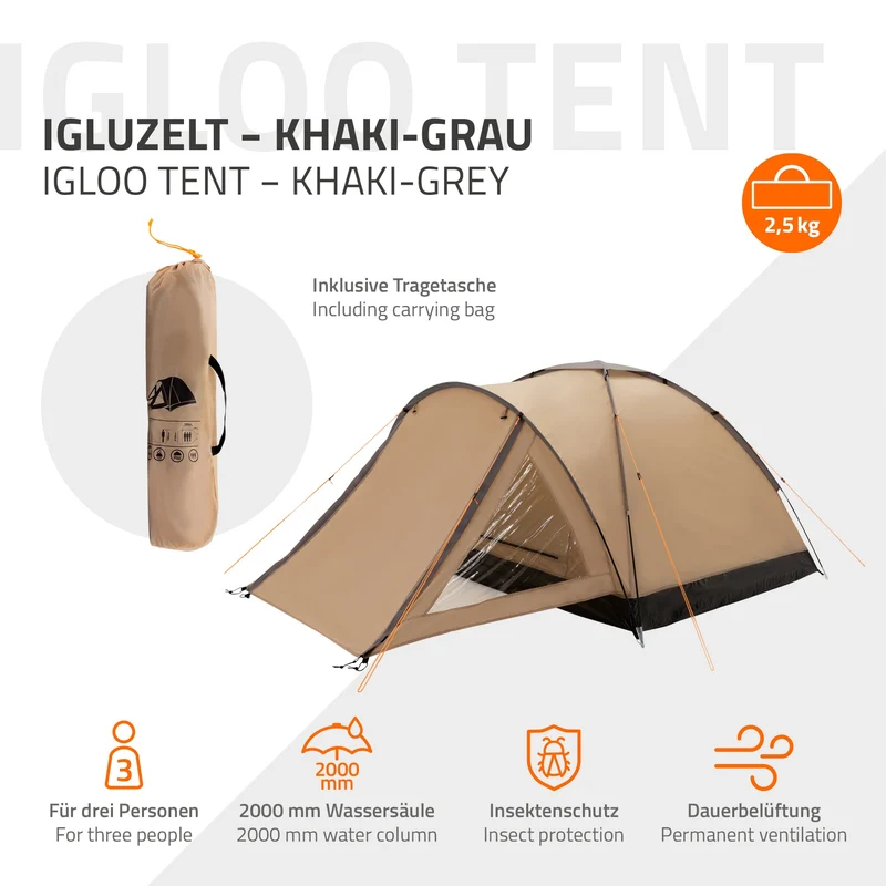 Camping Zelt für 2-3 Personen 210x180x120 cm Beige-Grau Kuppelzelt Iglu-Zelt mit verschließbarem Vorraum