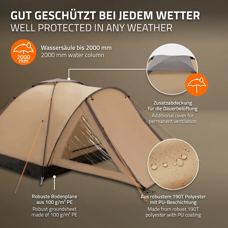 Camping Zelt für 2-3 Personen 210x180x120 cm Beige-Grau Kuppelzelt Iglu-Zelt mit verschließbarem Vorraum