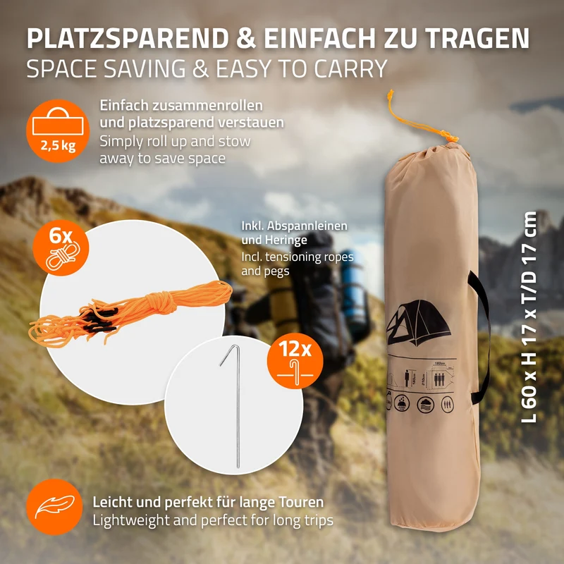 Camping Zelt für 2-3 Personen 210x180x120 cm Beige-Grau Kuppelzelt Iglu-Zelt mit verschließbarem Vorraum