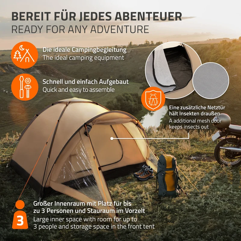 Camping Zelt für 2-3 Personen 210x180x120 cm Beige-Grau Kuppelzelt Iglu-Zelt mit verschließbarem Vorraum