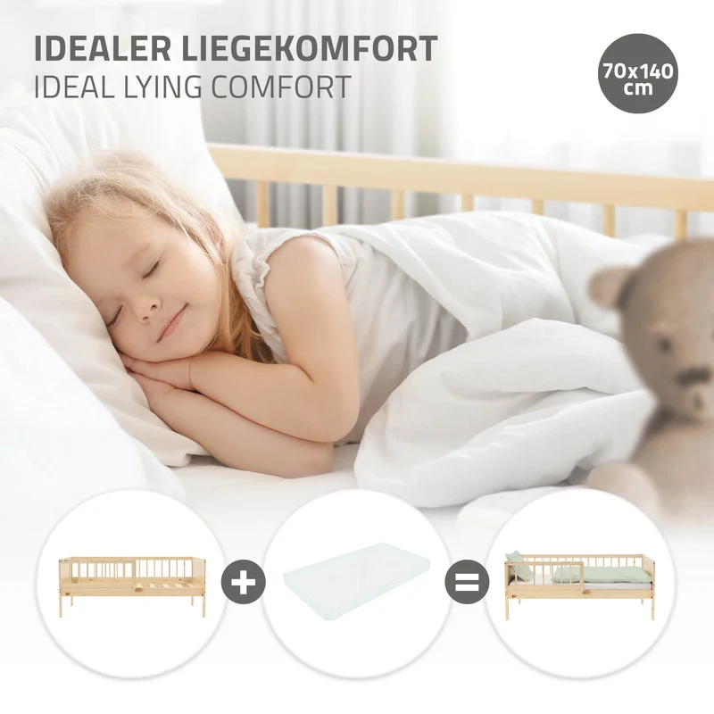 B-Ware Kinderbett 70x140 cm mit Lattenrost und Rausfallschutz Natur Kiefernholz ML-Design