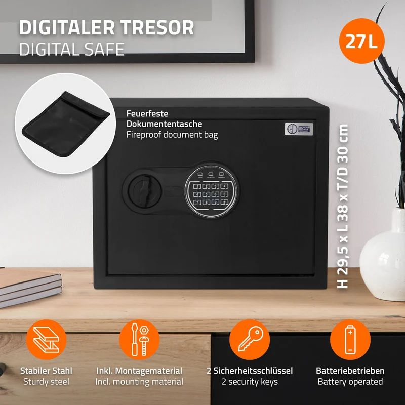 B-Ware Safe Tresor 27L aus Stahl mit Elektronikschloss und Notschlüsseln Rundbolzenverschluss