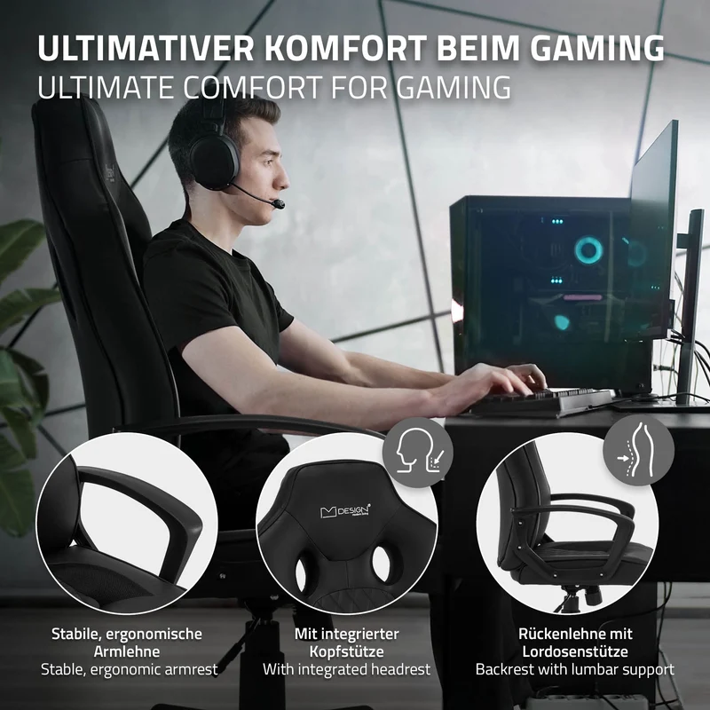 B-Ware Gamingstuhl mit Wippfunktion breite Sitzfläche Schwarz aus Kunstleder ML-Design