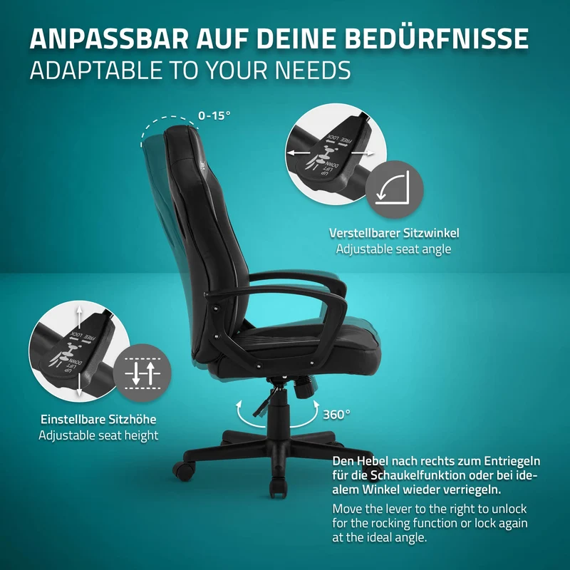 B-Ware Gamingstuhl mit Wippfunktion breite Sitzfläche Schwarz aus Kunstleder ML-Design