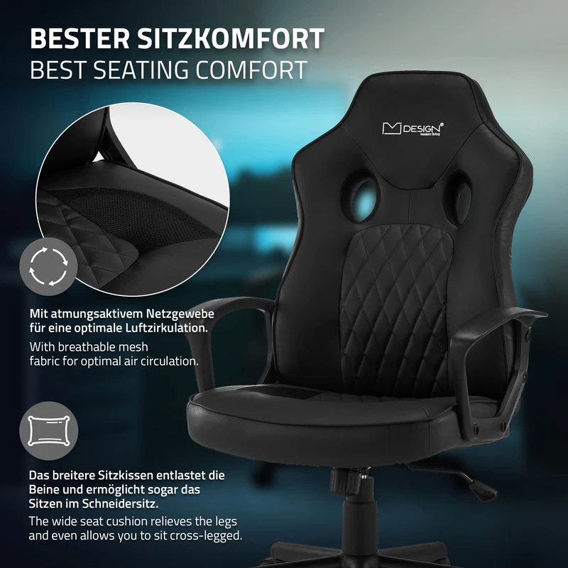 B-Ware Gamingstuhl mit Wippfunktion breite Sitzfläche Schwarz aus Kunstleder ML-Design