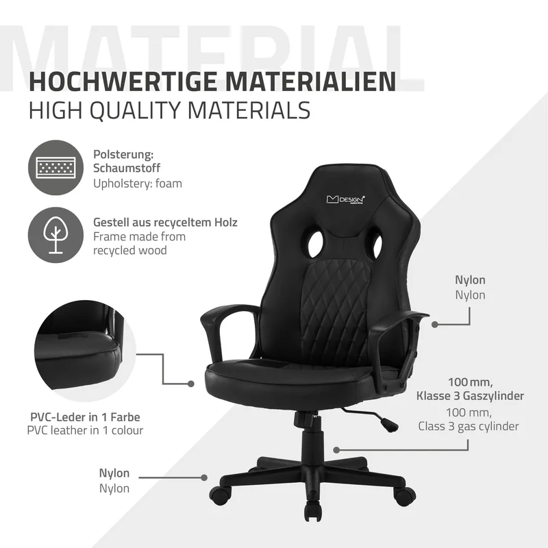 B-Ware Gamingstuhl mit Wippfunktion breite Sitzfläche Schwarz aus Kunstleder ML-Design
