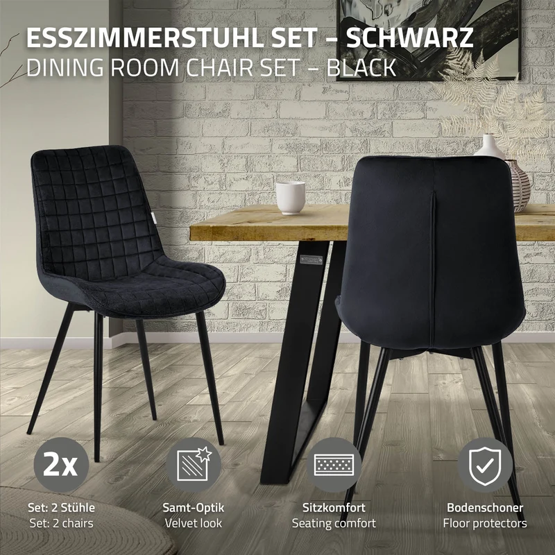 B-Ware Esszimmerstuhl 2er Set Schwarz mit Samtbezug und Stahlbeinen Küchenstuhl mit Rückenlehne ML-Design