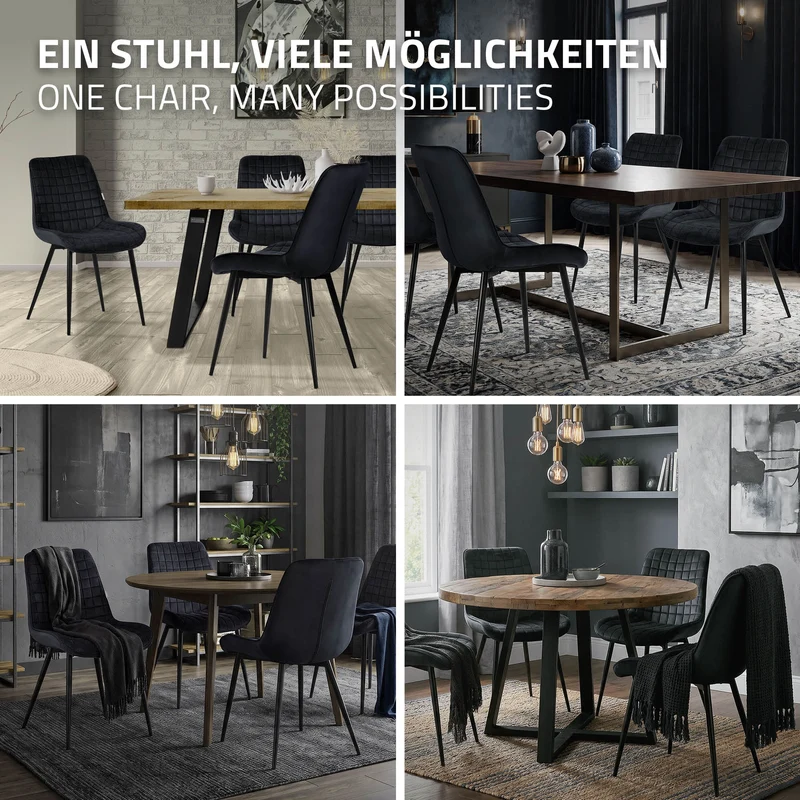 B-Ware Esszimmerstuhl 2er Set Schwarz mit Samtbezug und Stahlbeinen Küchenstuhl mit Rückenlehne ML-Design