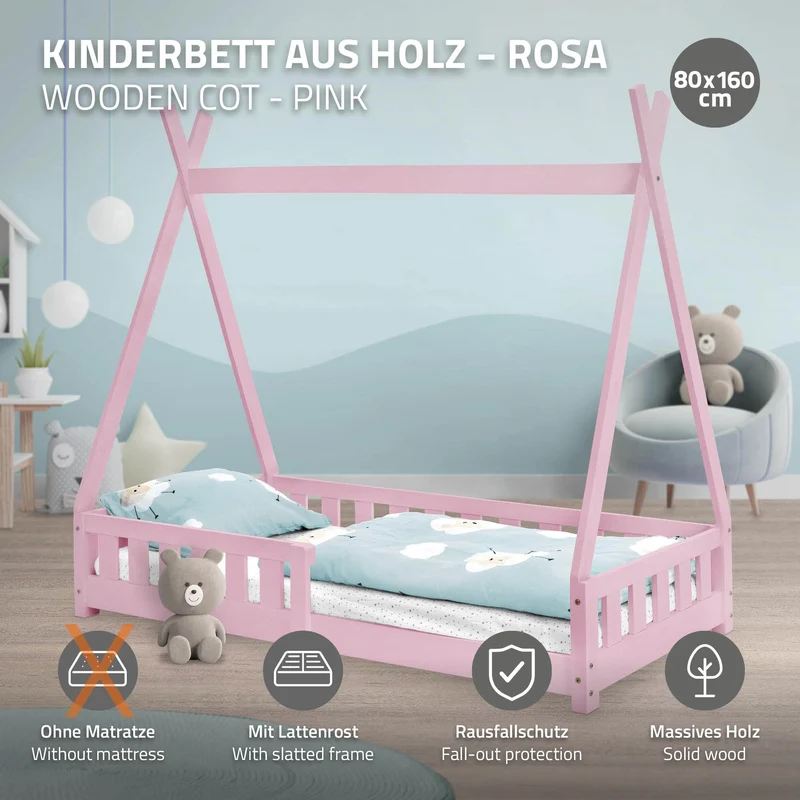 B-Ware Kinderbett Tipi 80x160 cm Rosa aus Kiefernholz mit Rausfallschutz und Lattenrost Holzbett ML-Design