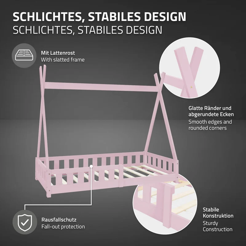 B-Ware Kinderbett Tipi 80x160 cm Rosa aus Kiefernholz mit Rausfallschutz und Lattenrost Holzbett ML-Design