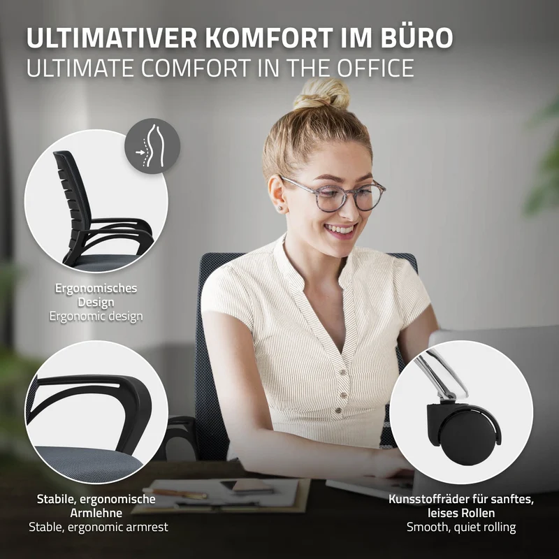 B-Ware Ergonomischer Bürostuhl mit Armlehnen Netzgewebe Grau mit Rollen ML-Design