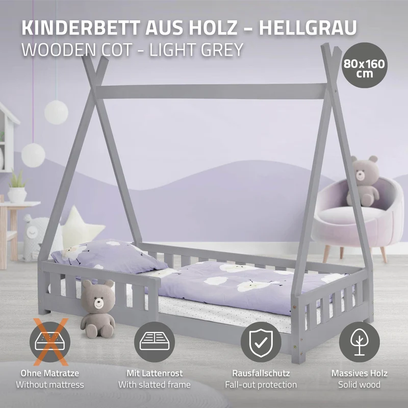 B-Ware Kinderbett Tipi 80x160 cm Hellgrau aus Kiefernholz mit Rausfallschutz und Lattenrost Holzbett ML-Design