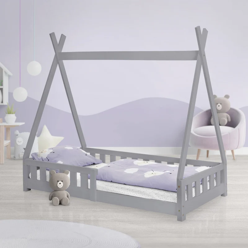 B-Ware Kinderbett Tipi 80x160 cm Hellgrau aus Kiefernholz mit Rausfallschutz und Lattenrost Holzbett ML-Design