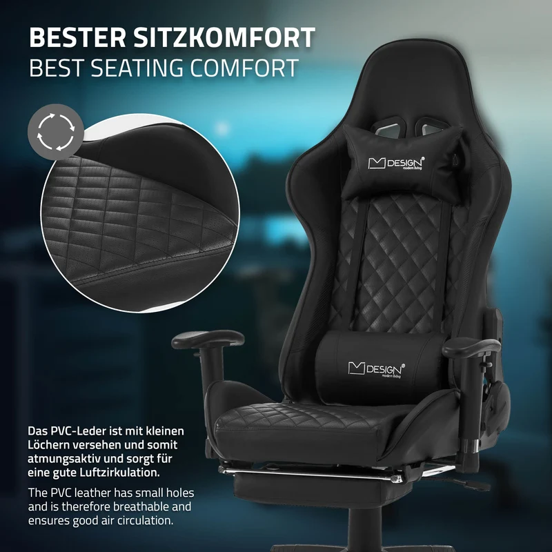 B-Ware Gamingstuhl mit ausziehbarer Fußstütze 2D Armlehne Schwarz aus Kunstleder ML-Design