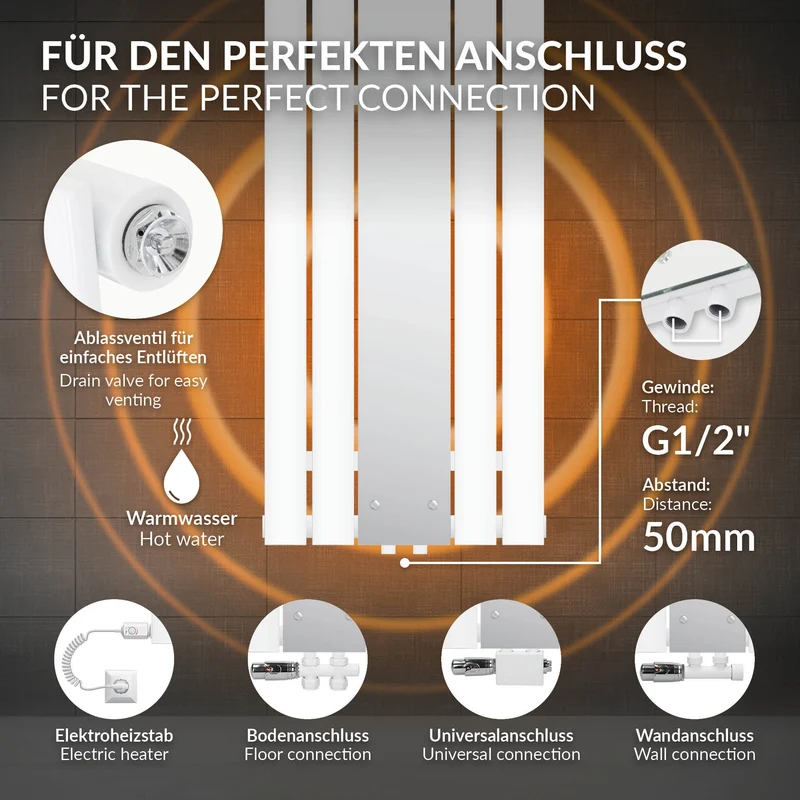 Badheizkörper Mittelanschluss mit Spiegel 450x1600 mm Weiß inkl. Bodenanschlussgarnitur mit Thermostat LuxeBath