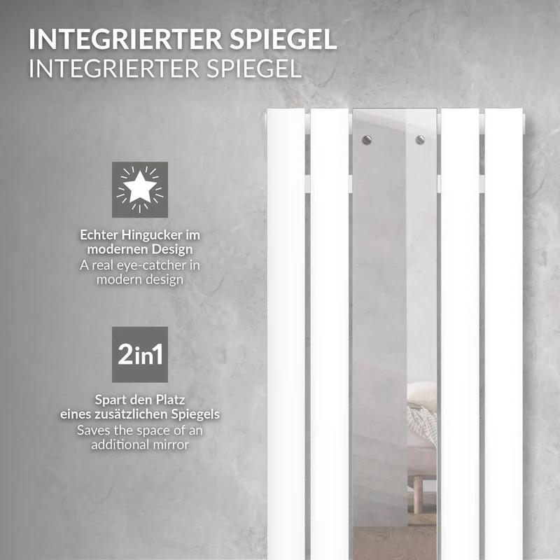 Badheizkörper Mittelanschluss mit Spiegel 450x1600 mm Weiß inkl. Bodenanschlussgarnitur mit Thermostat LuxeBath