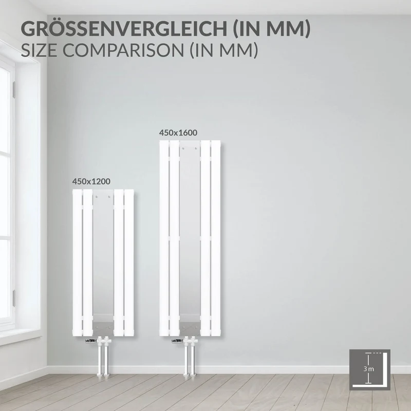 Badheizkörper Mittelanschluss mit Spiegel 450x1600 mm Weiß inkl. Bodenanschlussgarnitur mit Thermostat LuxeBath