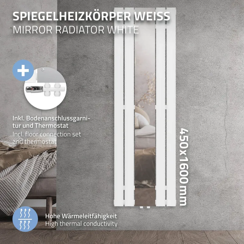 Badheizkörper Flach mit Spiegel und Boden Anschlussgarnitur 45x160cm Weiß ML-Design