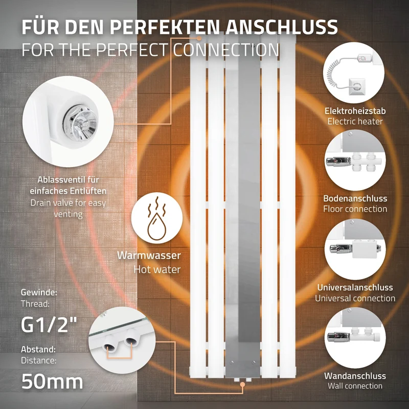Badheizkörper Flach mit Spiegel und Boden Anschlussgarnitur 45x160cm Weiß ML-Design