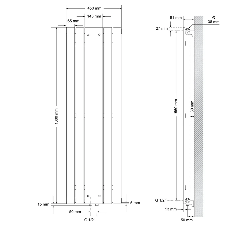 Badheizkörper Flach mit Spiegel und Boden Anschlussgarnitur 45x160cm Weiß ML-Design