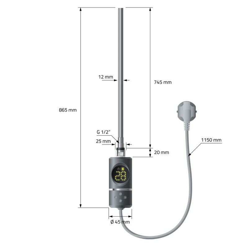 Elektrischer Badheizkörper mit Heizstab 900W 500x1800 mm Anthrazit gerade mit Seitenanschluss LuxeBath