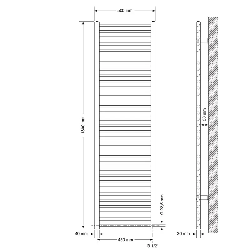 Badheizkörper Elektrisch mit Heizstab 900W 500x1800 mm Chrom gerade mit Seitenanschluss