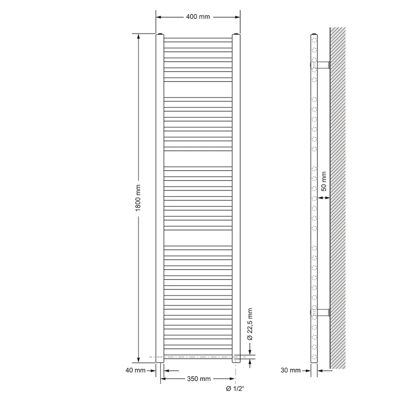 Badheizkörper Sahara 400x1800 mm Chrome gerade mit Seitenanschluss