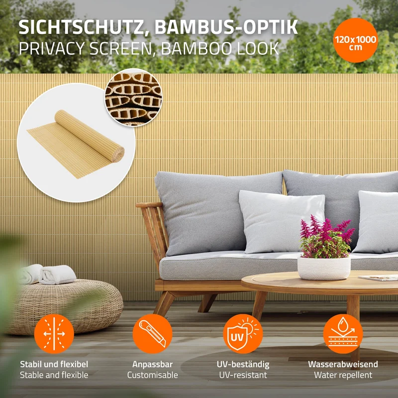 Sichtschutzmatte 120x1000 cm Sichtschutzzaun Windschutz Balkonschutz PVC Bambus UV-beständig