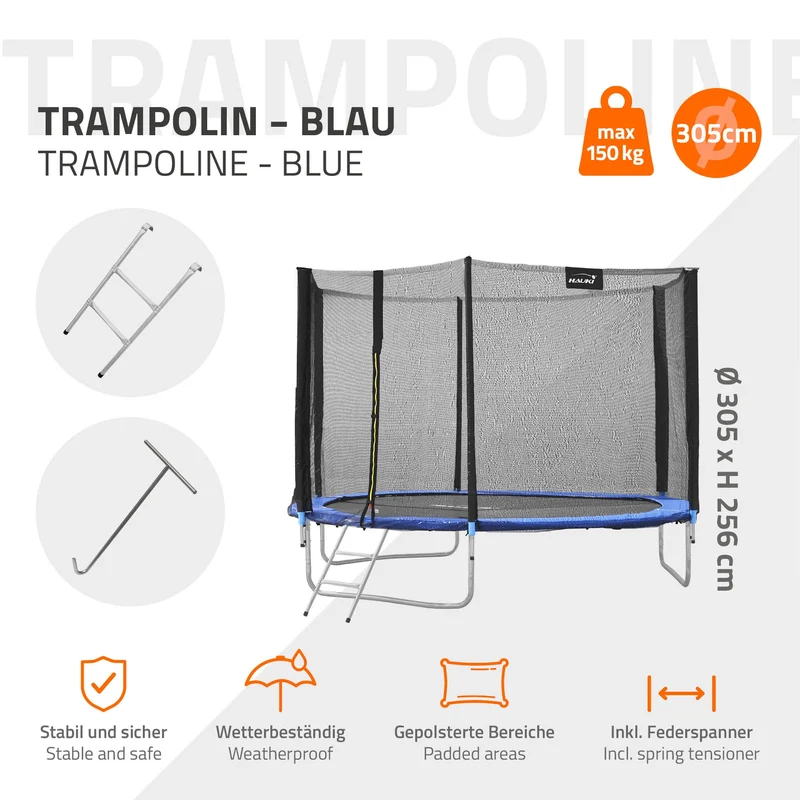Trampolin Ø305 cm mit Sicherheitsnetz, Leiter und gepolsterten Stangen Blau bis 150kg HAUKI