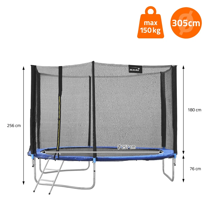 Trampolin Ø305 cm mit Sicherheitsnetz, Leiter und gepolsterten Stangen Blau bis 150kg HAUKI