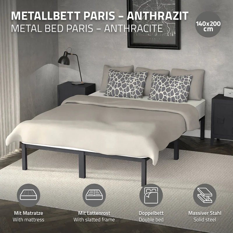 Metallbett mit Matratze140x200 cm Anthrazit mit Lattenrost ML-Design