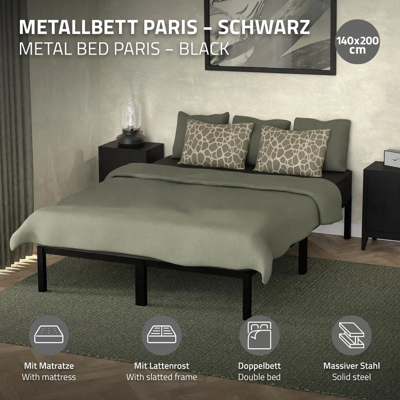 Metallbett 140x200 cm Schwarz mit Lattenrost und Matratze ML-Design