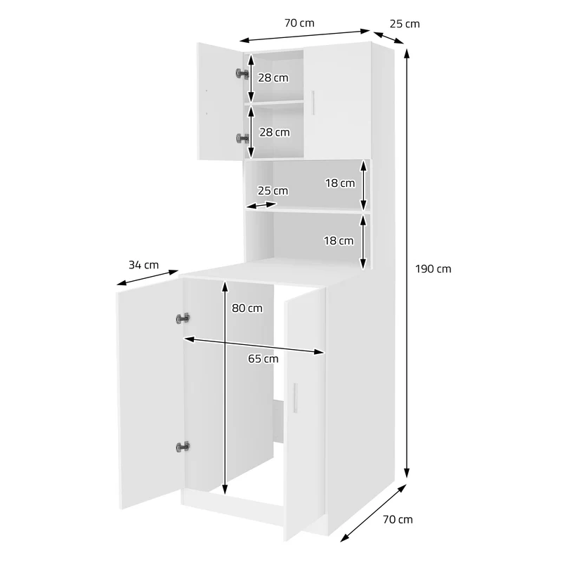Waschmaschinenschrank Waschmaschinen Regal 70,5x190,5x70 cm mit 4 Türen und 2 Ablagen in Weiß ML-Design