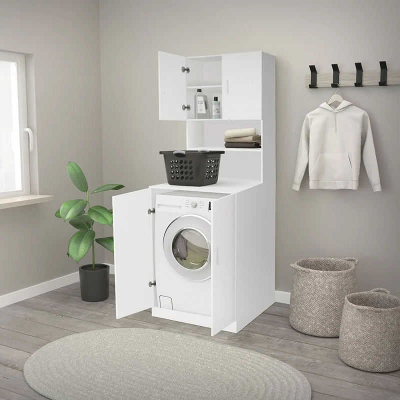 Waschmaschinenschrank Waschmaschinen Regal 70,5x190,5x70 cm mit 4 Türen und 2 Ablagen in Weiß ML-Design