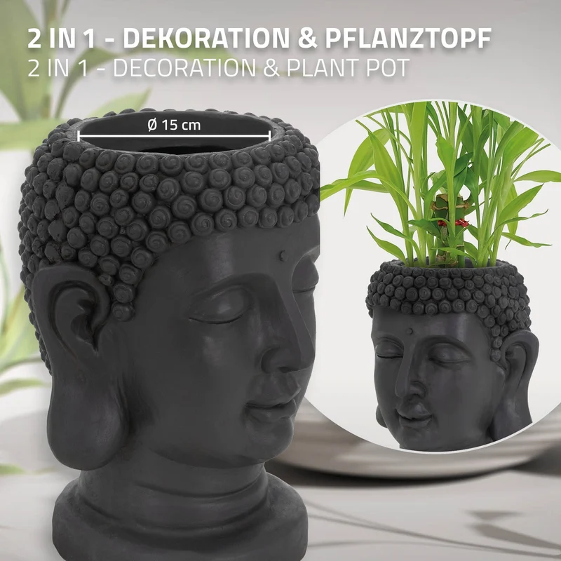 Pflanztopf Buddha Kopf 19x20x34 cm Anthrazit aus Polyresin