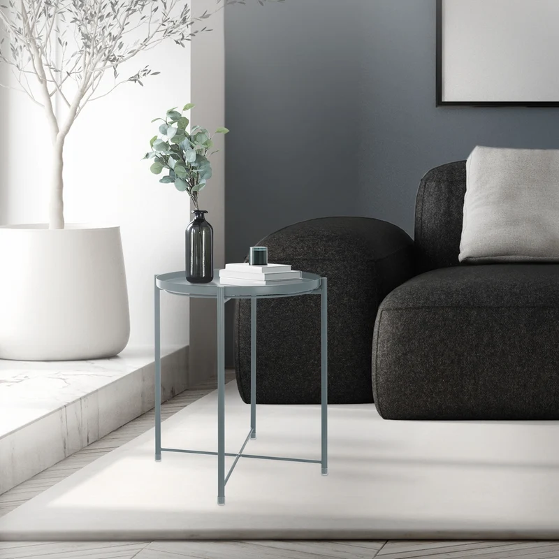 Beistelltisch Rund mit Tablett 45x52 cm Blau aus Metall ML-Design