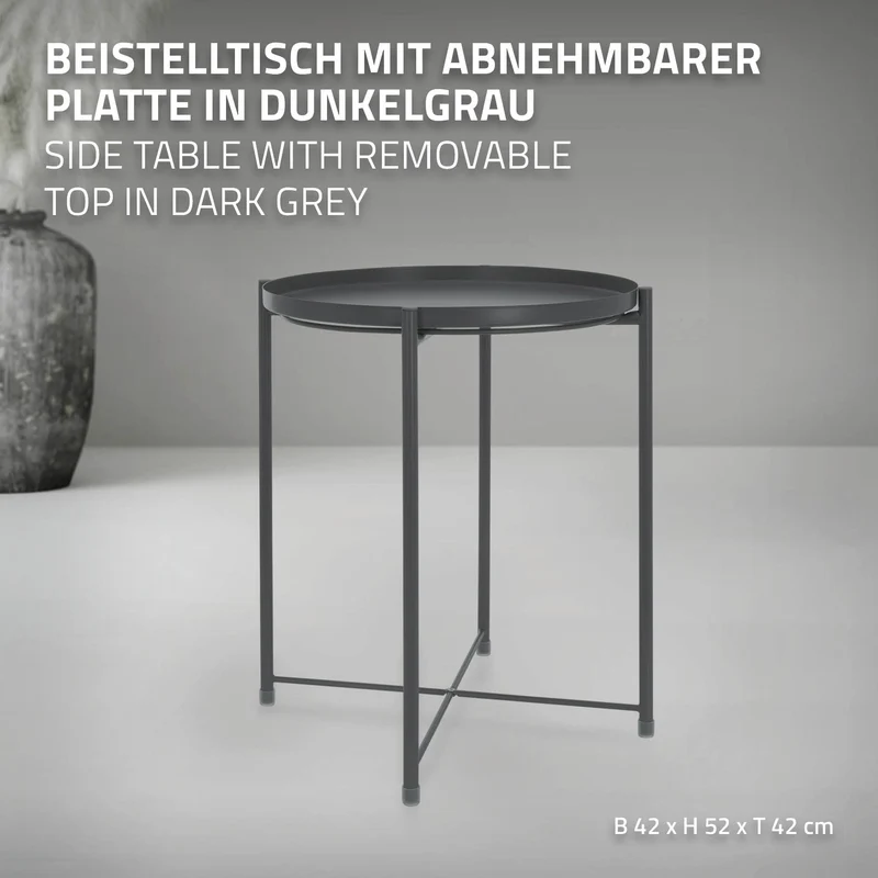 Beistelltisch rund Ø42x52 cm Dunkelgrau aus Metall mit Tablett ML-Design