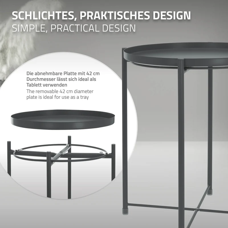 Beistelltisch rund Ø42x52 cm Dunkelgrau aus Metall mit Tablett ML-Design