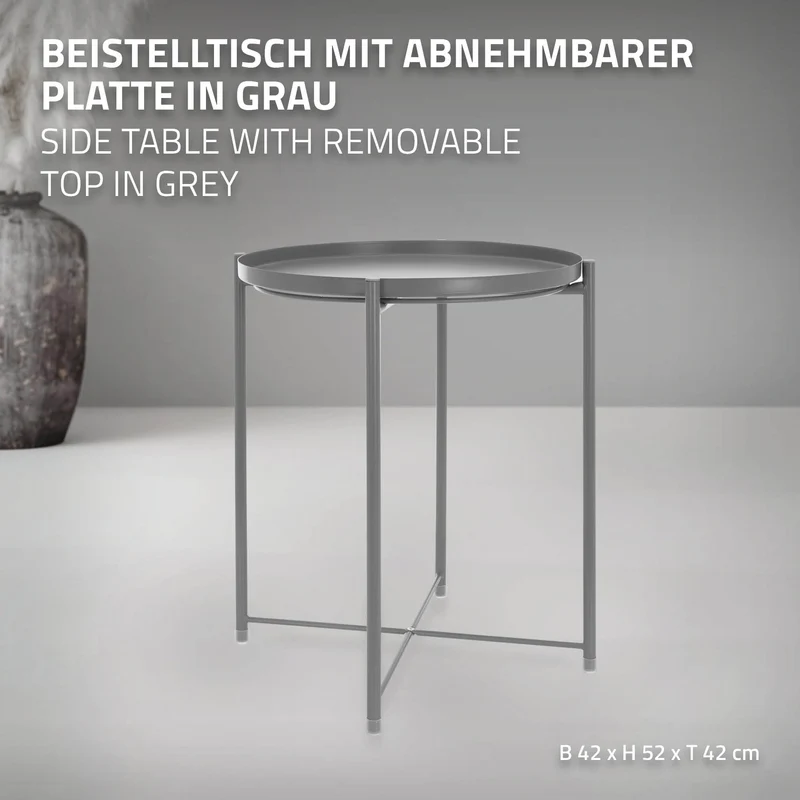 Beistelltisch Rund mit Tablett 45x52 cm Grau aus Metall ML-Design