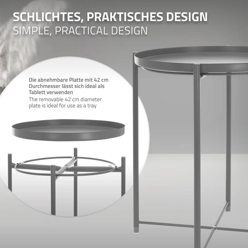 Beistelltisch Rund mit Tablett 45x52 cm Grau aus Metall ML-Design