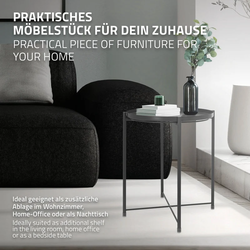 Beistelltisch Rund mit Tablett 45x52 cm Grau aus Metall ML-Design