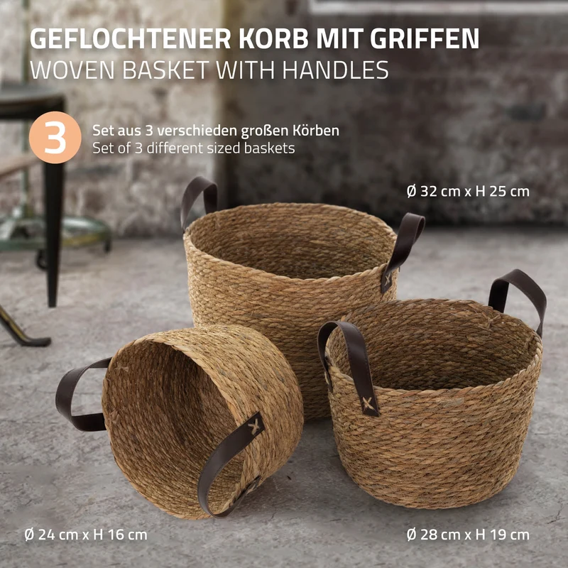 Korb 3er Set mit Griffen Braun
