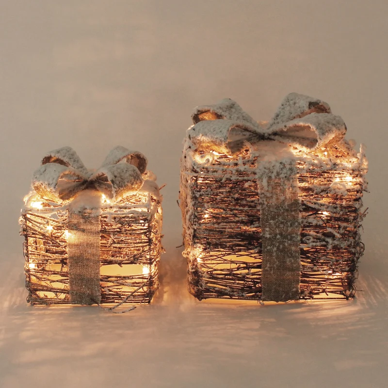 LED Geschenkboxen 2er Set Braun aus Rattan
