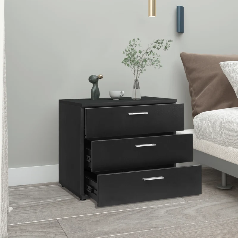 Nachttisch mit drei Schubladen 53x45x38 cm Schwarz aus Holz ML-Design