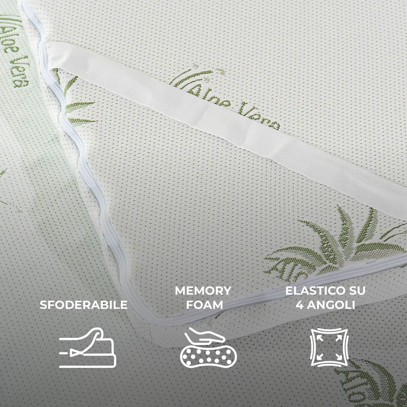 Topper Memory Foam Aloe Vera 5 Zone con Rivestimento Sfoderabile Made in Italy Il Gruppone