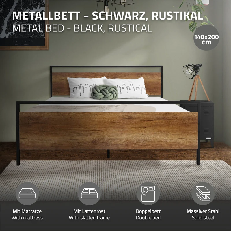 Metallbett 140x200 cm inkl. Matratze H:16cm Schwarz/Braun Bettgestell 208 x 50,5/80,5 x 144 cm mit Holz Kopf- & Fußteil ML-Design