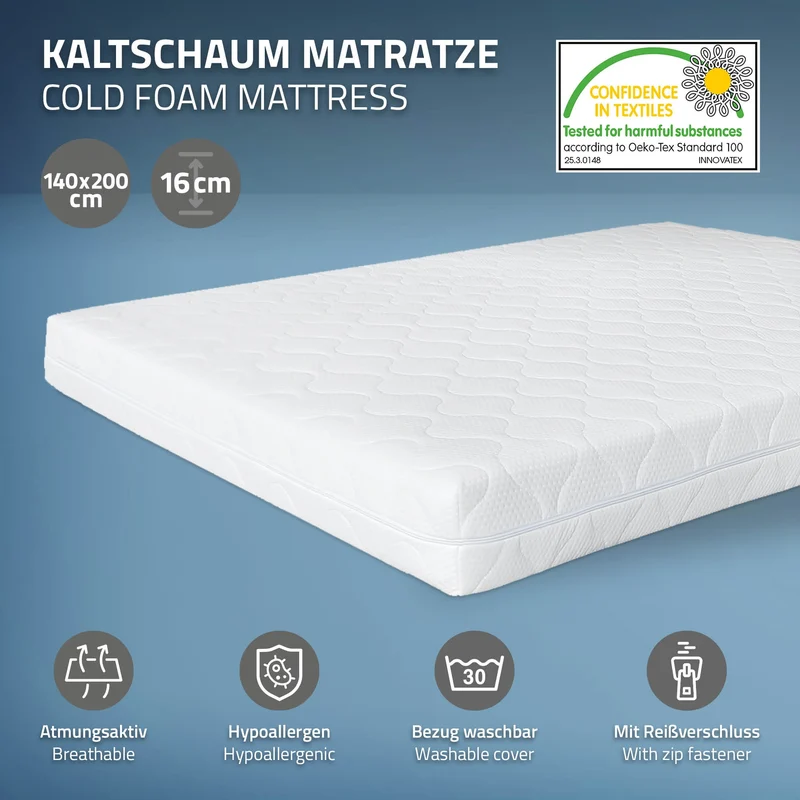 Metallbett 140x200 cm inkl. Matratze H:16cm Schwarz/Braun Bettgestell 208 x 50,5/80,5 x 144 cm mit Holz Kopf- & Fußteil ML-Design