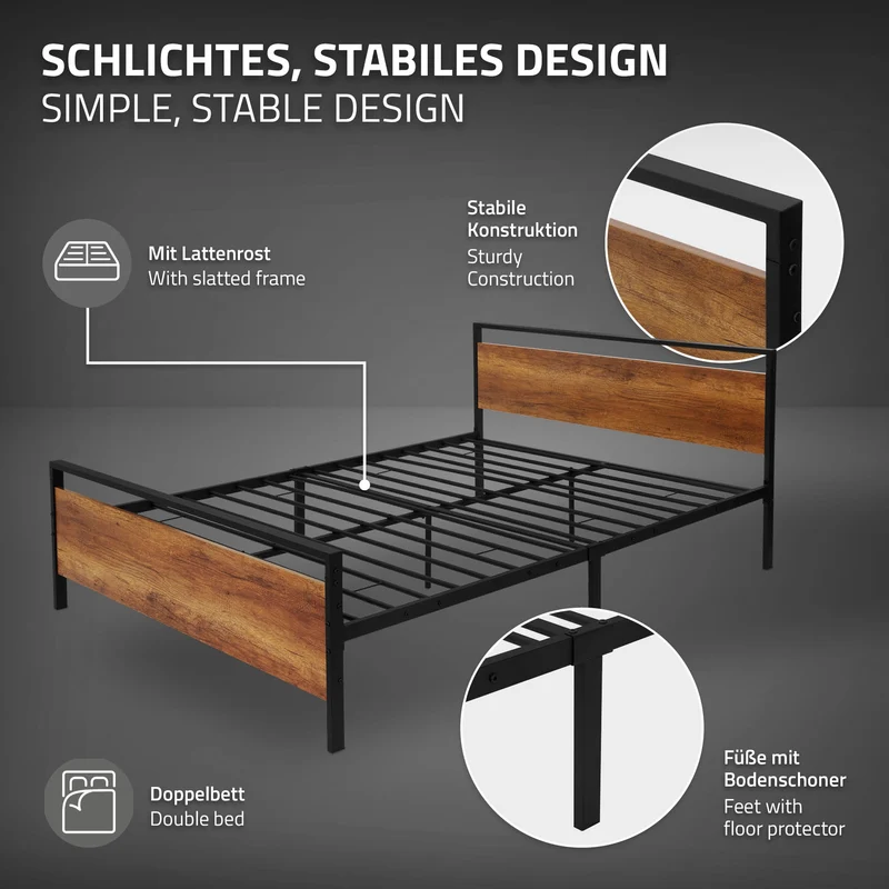 Metallbett 140x200 cm inkl. Matratze H:16cm Schwarz/Braun Bettgestell 208 x 50,5/80,5 x 144 cm mit Holz Kopf- & Fußteil ML-Design